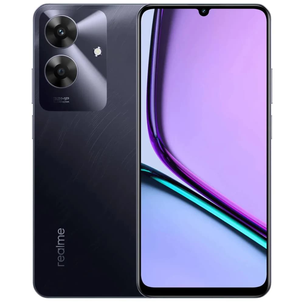 Realme Note 60 smartphone featuring a sleek black design, 32MP dual camera setup, and vibrant display with purple and teal accents. The device showcases a modern aesthetic with a glossy finish and a notch display.