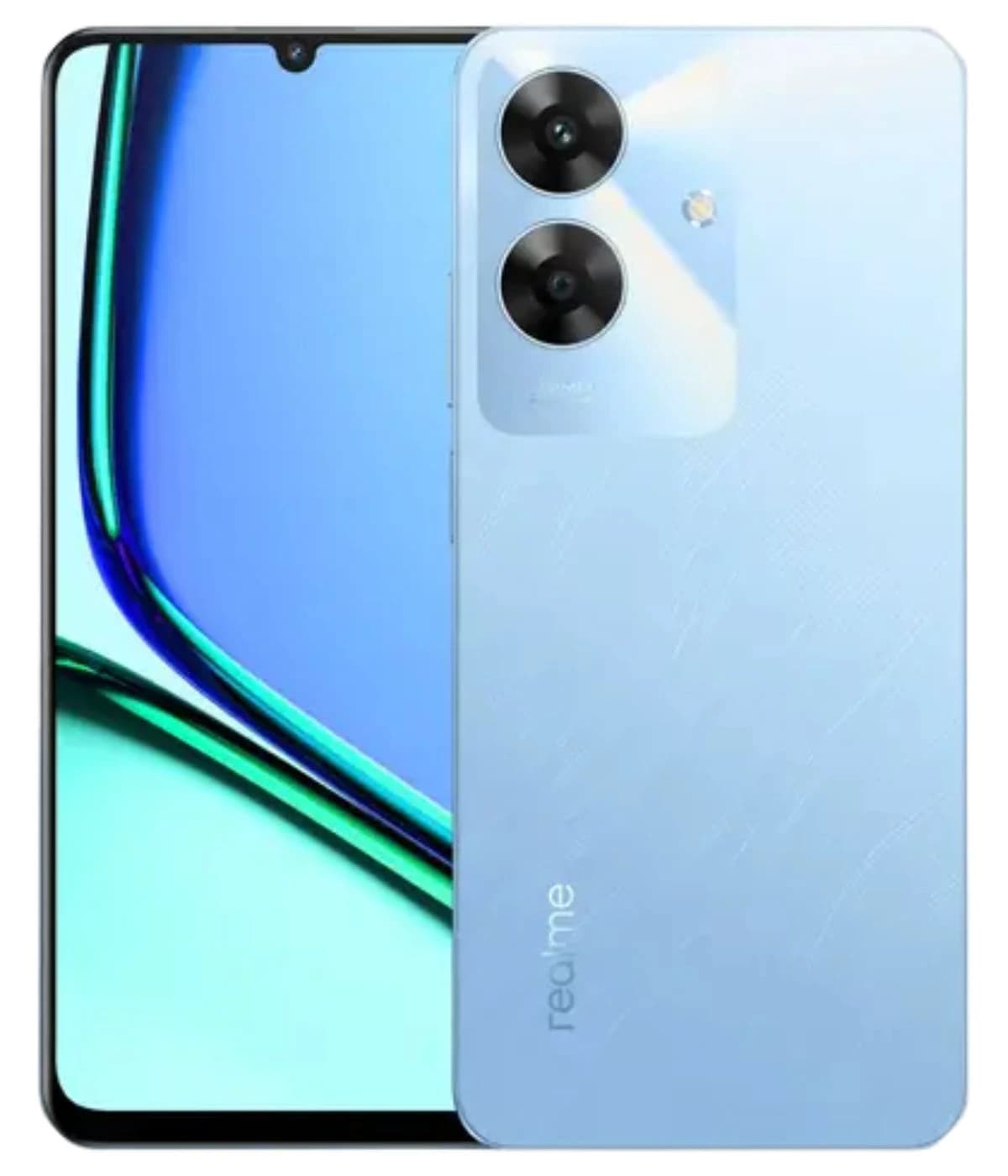 Realme Note 60 smartphone in a sleek blue finish featuring a dual-camera setup and a vibrant display. The device showcases a modern design with a glossy back and a minimalistic front view, ideal for tech enthusiasts.