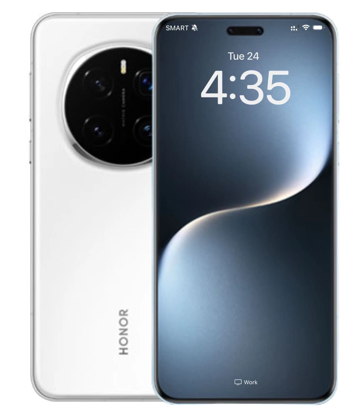 Honor Magic 7 Pro smartphone in sleek white finish, showcasing a vibrant display with a curved edge. The back features a distinctive camera module with three lenses. Front view highlights the elegant design and modern aesthetics.