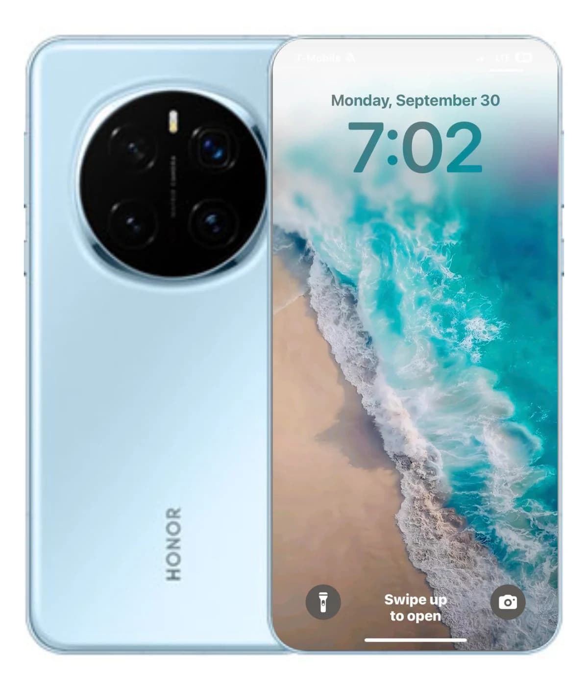Honor Magic 7 Pro smartphone in a sleek light blue finish, featuring a vibrant display showing a beach scene. The device has a distinctive circular camera module with four lenses on the back, emphasizing its advanced photography capabilities.