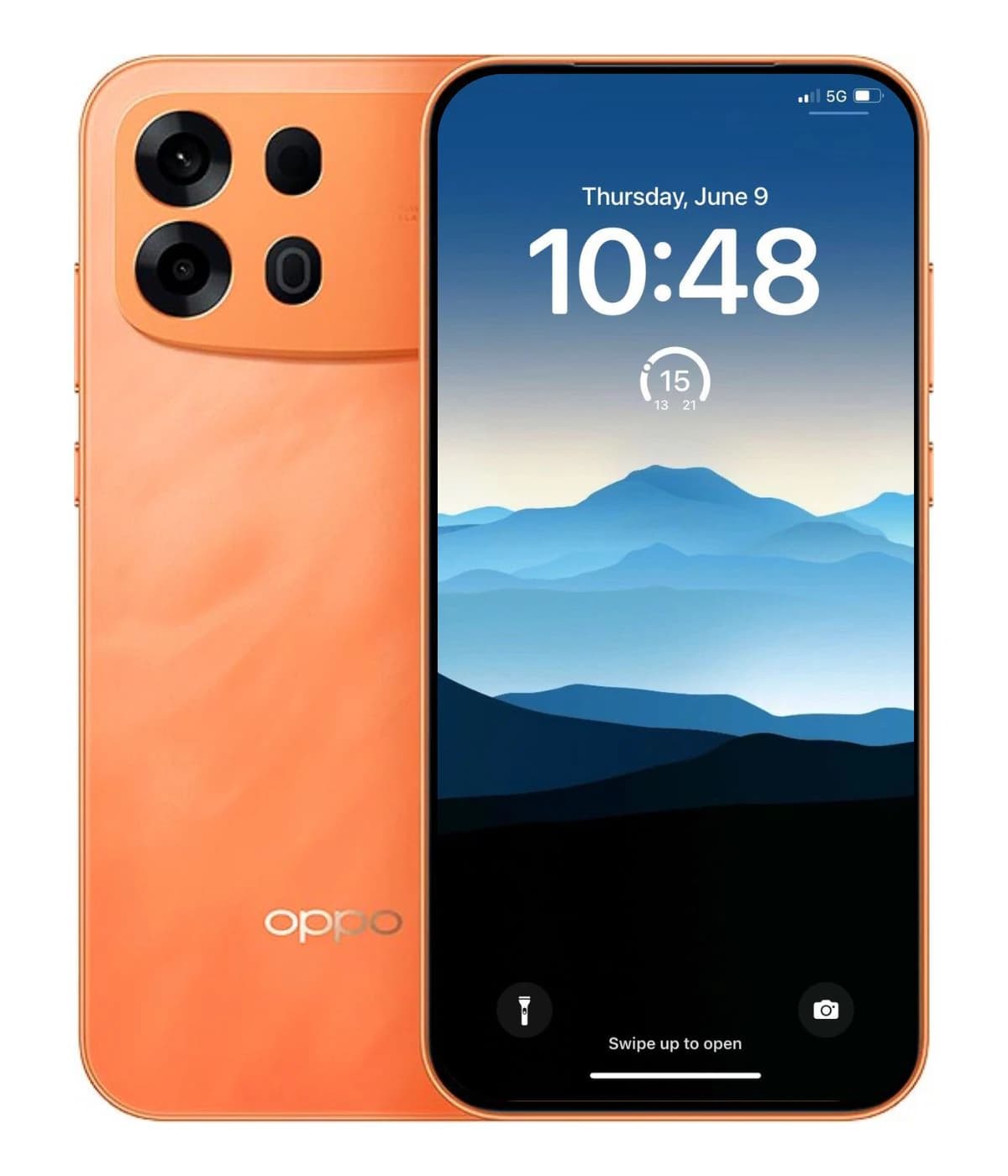 Oppo A7 Pro Max smartphone in vibrant orange color, featuring a sleek design with a dual-camera setup on the back and a stunning display showing a mountain landscape. The device is positioned against a plain background, highlighting its modern…