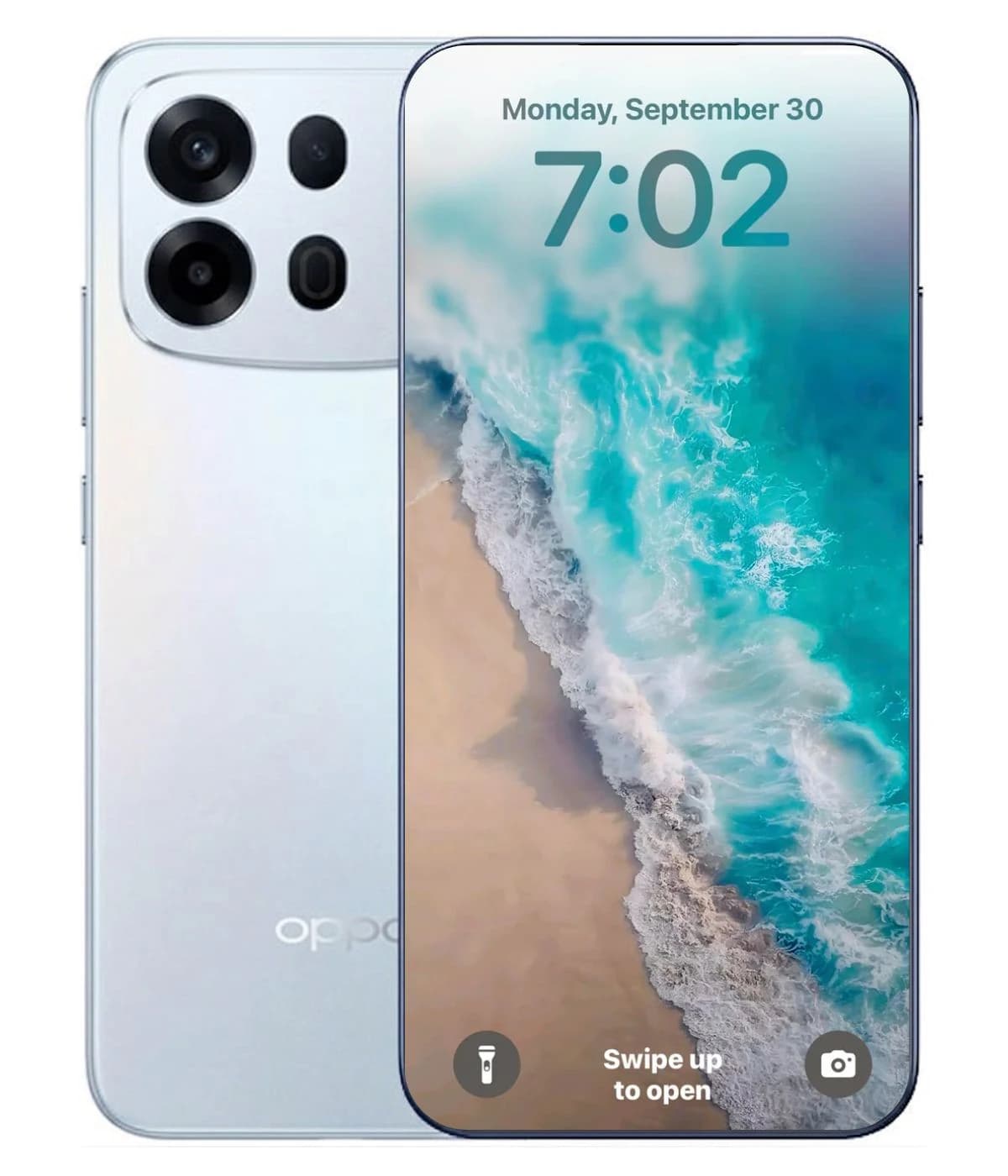 Oppo A7 Pro Max smartphone in silver color, showcasing a vibrant ocean-themed wallpaper on its display. The device features a sleek design with a triple-camera setup on the back and a modern edge-to-edge screen.