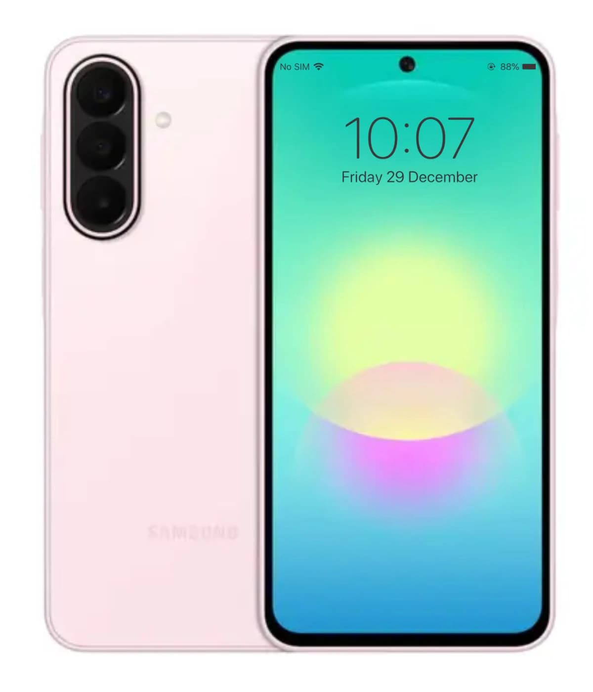 Samsung Galaxy A27 smartphone in soft pink color, featuring a vibrant display with a gradient background. The device showcases a triple camera setup on the back and a sleek, modern design. Front view highlights the edge-to-edge screen and minimal…