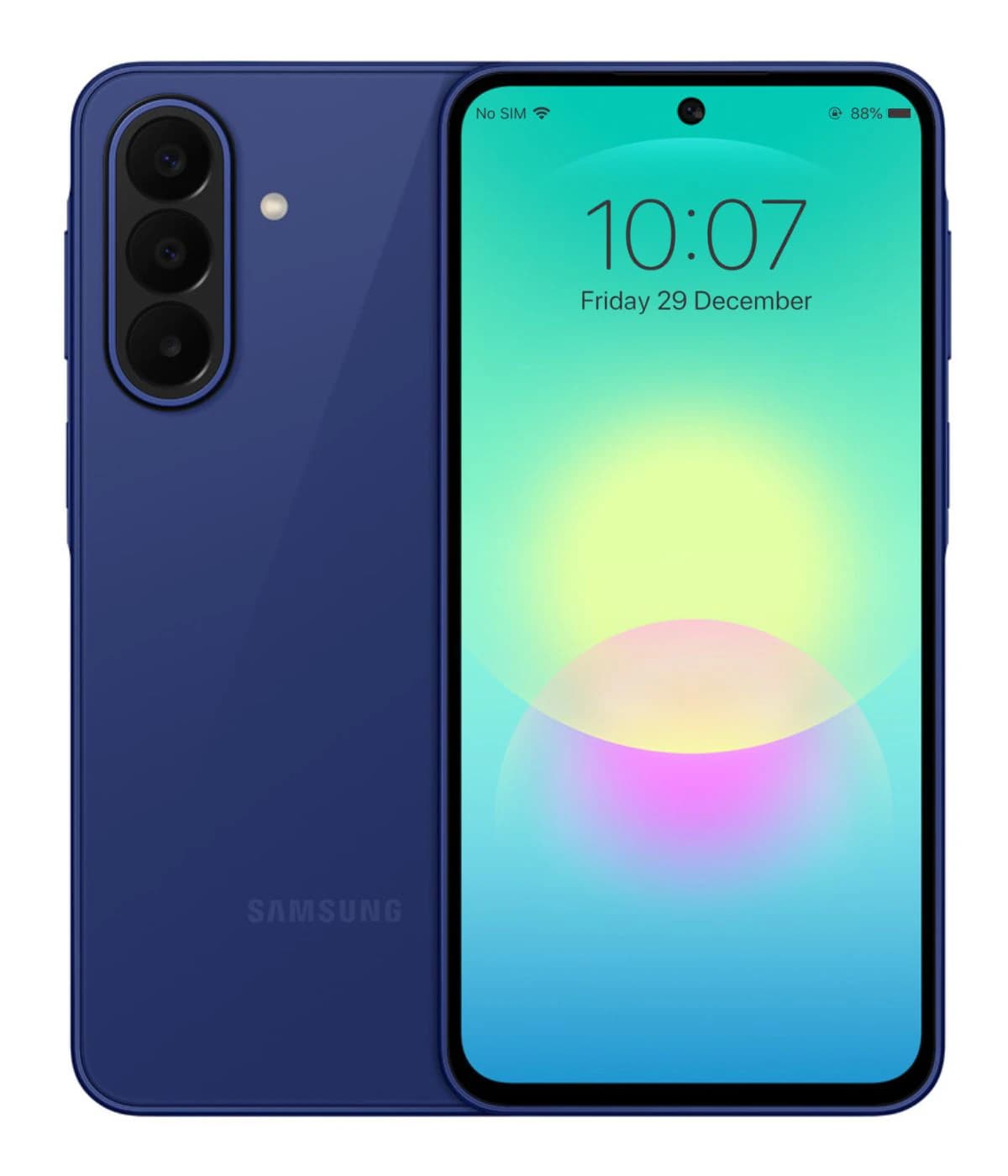 Samsung Galaxy A27 smartphone in deep blue color featuring a vibrant display with a colorful gradient background. The device showcases a triple camera setup on the back and a sleek design, perfect for modern users.