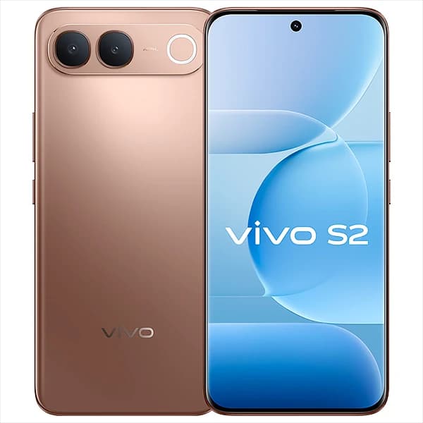 Vivo S2 smartphone in a sleek rose gold finish, featuring a dual-camera setup on the back and a vibrant display showcasing the Vivo S2 logo. The device is shown from the front and back, highlighting its modern design and premium look.
