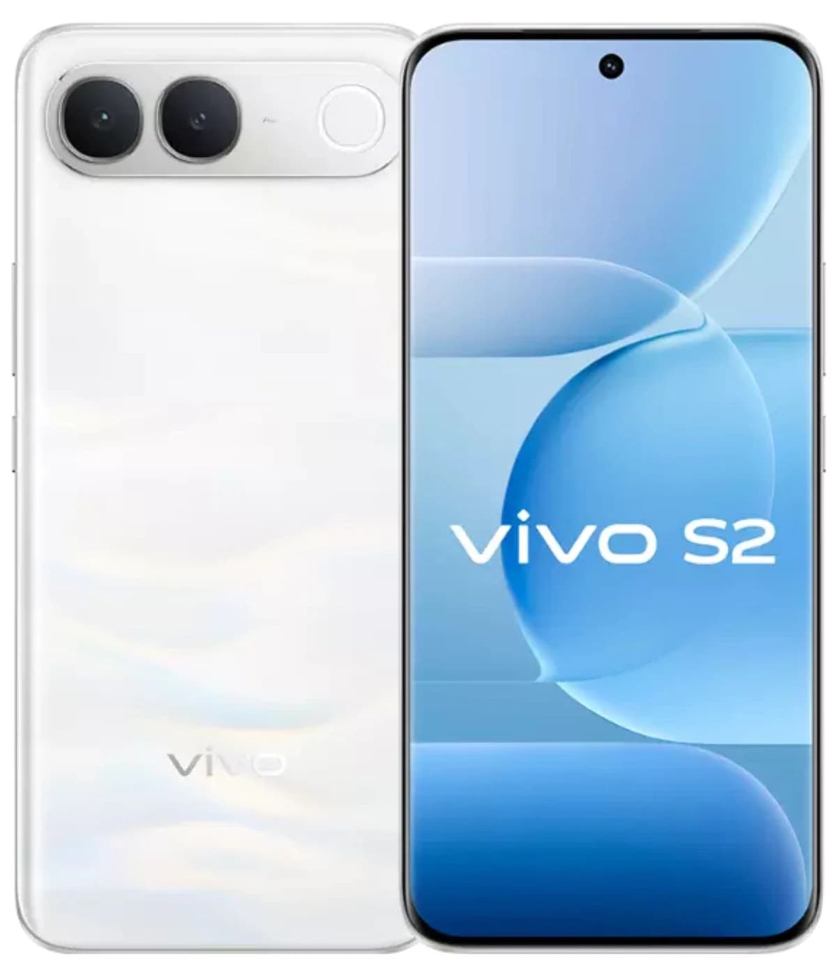 Vivo S2 smartphone featuring a sleek white design with dual rear cameras and a vibrant blue display showcasing the Vivo S2 logo. The device has a modern aesthetic with a glossy finish, perfect for tech enthusiasts.