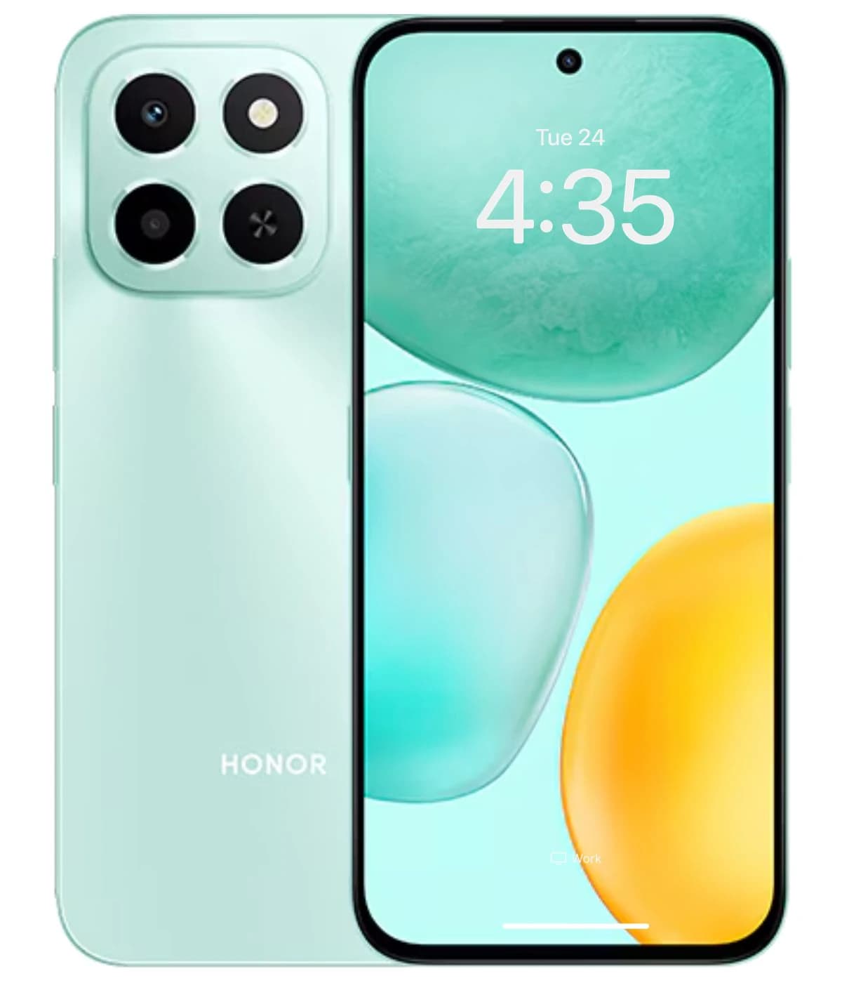 Honor X6c smartphone in mint green color featuring a sleek design, 6.5-inch display, and triple rear camera setup. The front shows a vibrant interface with a clock display, ideal for tech enthusiasts.