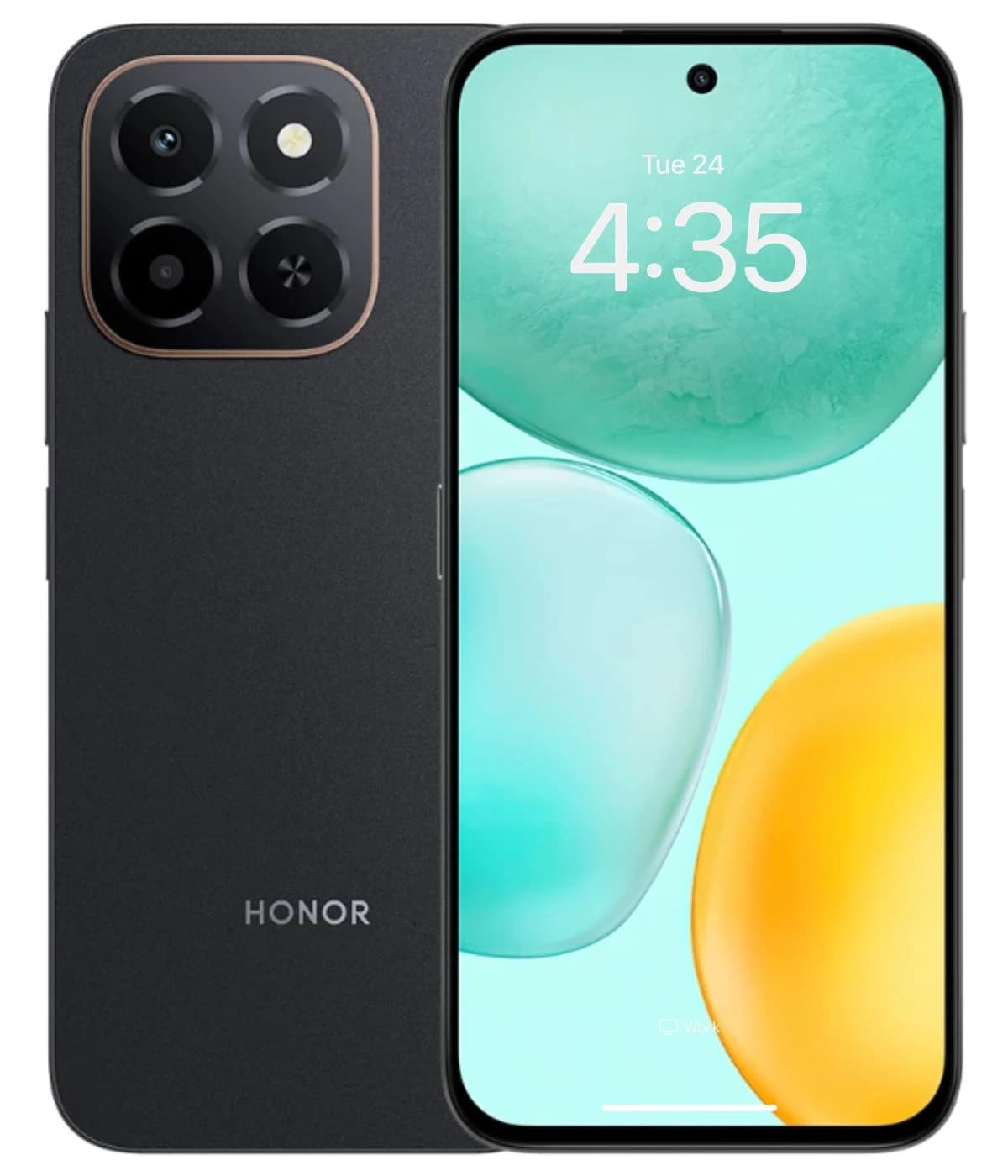 Honor X6c smartphone featuring a sleek black design, showcasing a vibrant display with rounded edges and a quad-camera setup on the back. The screen displays the time 4:35 against a soft green and yellow background.