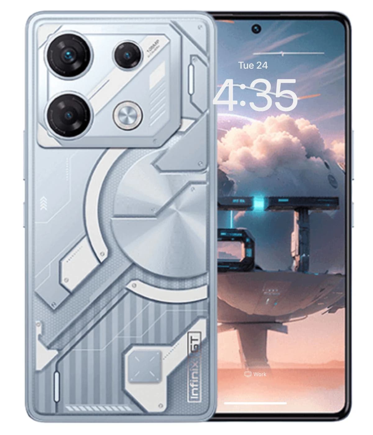 Infinix GT 10 Pro smartphone featuring a futuristic silver design with a textured back, dual camera setup, and vibrant display showing a sci-fi scene. The device is sleek and modern, ideal for tech enthusiasts.