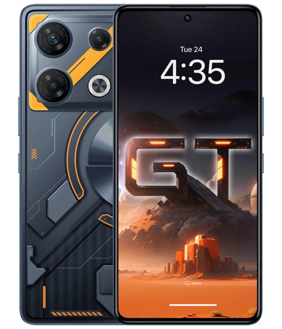Infinix GT 10 Pro smartphone featuring a sleek design with a black and orange color scheme, showcasing dual rear cameras and a vibrant display with a futuristic wallpaper. The device is presented in a front view against a plain background.