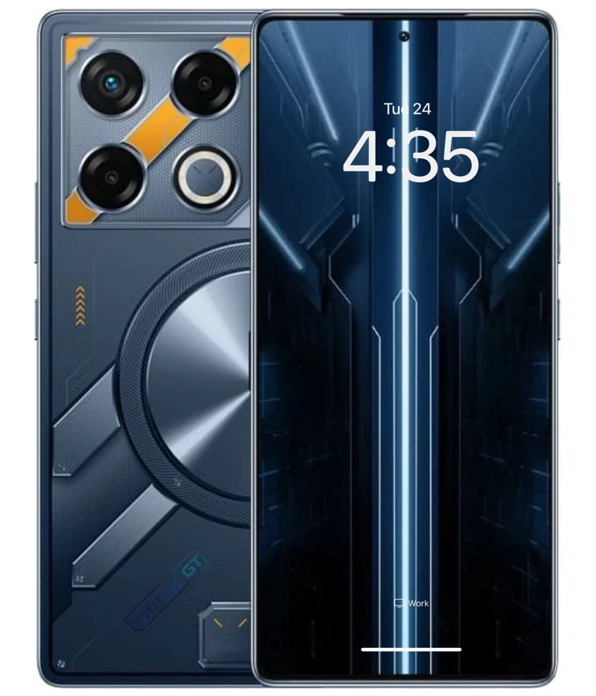Infinix GT 20 Pro smartphone featuring a sleek design with a blue and silver color scheme. The back showcases a unique camera layout with four lenses and an intricate texture, while the front displays a vibrant screen with a futuristic wallpaper.