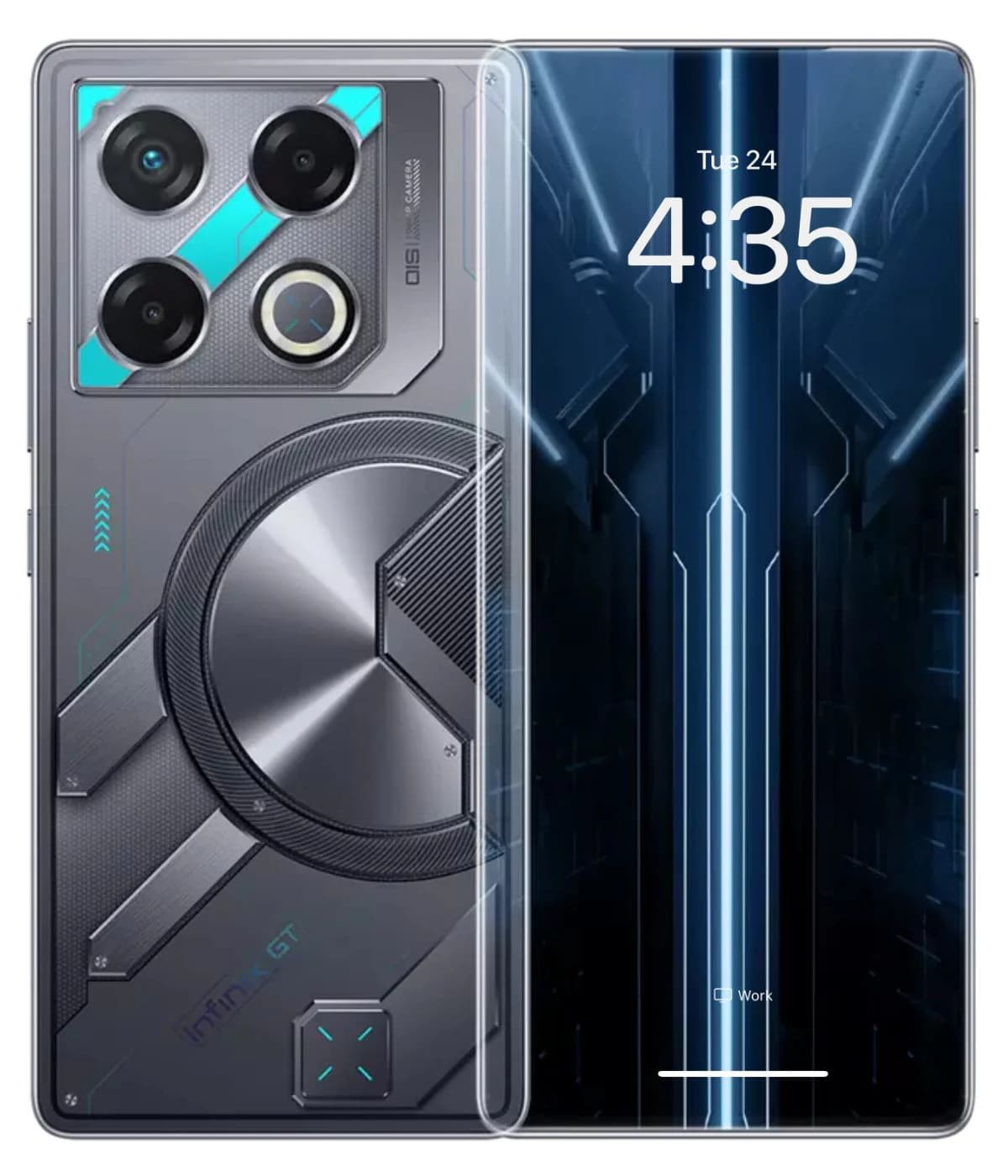 Infinix GT 20 Pro smartphone featuring a sleek design with a metallic finish, triple camera setup, and vibrant display. The device showcases a futuristic aesthetic with blue accents and a high-tech interface, ideal for gamers and tech enthusiasts.