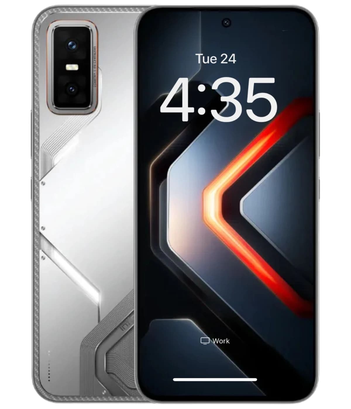 Infinix GT 30 Pro smartphone featuring a sleek silver design with a textured back, showcasing a vibrant display with a modern interface. The device is positioned front-facing, highlighting its advanced camera setup and stylish aesthetics.