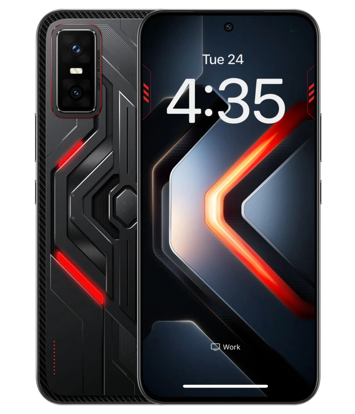 Infinix GT 30 Pro smartphone featuring a sleek black design with red accents, showcasing a vibrant display with a futuristic interface. The back highlights dual cameras and a textured finish, ideal for gaming enthusiasts.