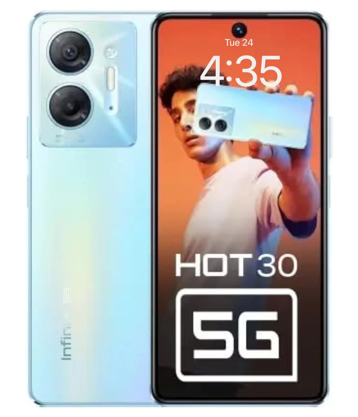 Infinix Hot 30 5G smartphone featuring a sleek design with a light blue gradient back, dual rear cameras, and a vibrant display showcasing the model name and 5G capability. The phone is presented in a front view against a plain background.