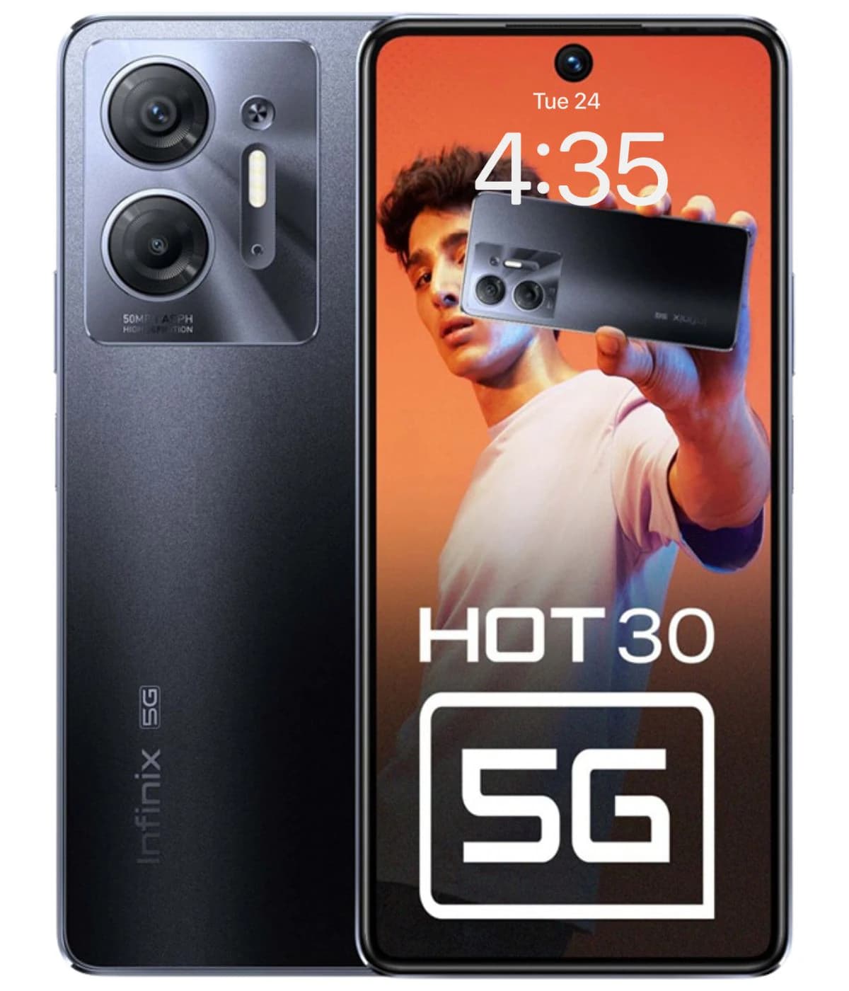 Infinix Hot 30 5G smartphone featuring a sleek black design, 50MP camera, and vibrant display showcasing the time and model. The device is held by a user against a colorful background.