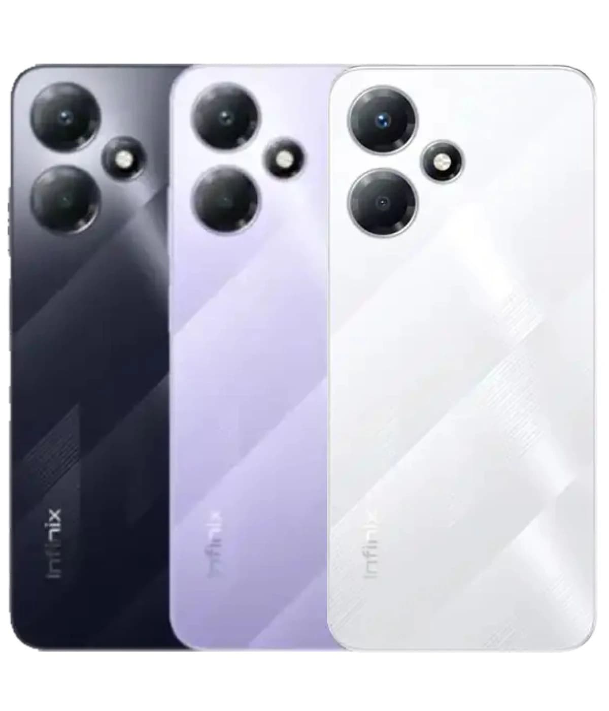 Infinix Note 30 Play smartphone available in three stylish colors: black, lavender, and white. Each model features a sleek design with dual rear cameras and a glossy finish, showcasing modern aesthetics.