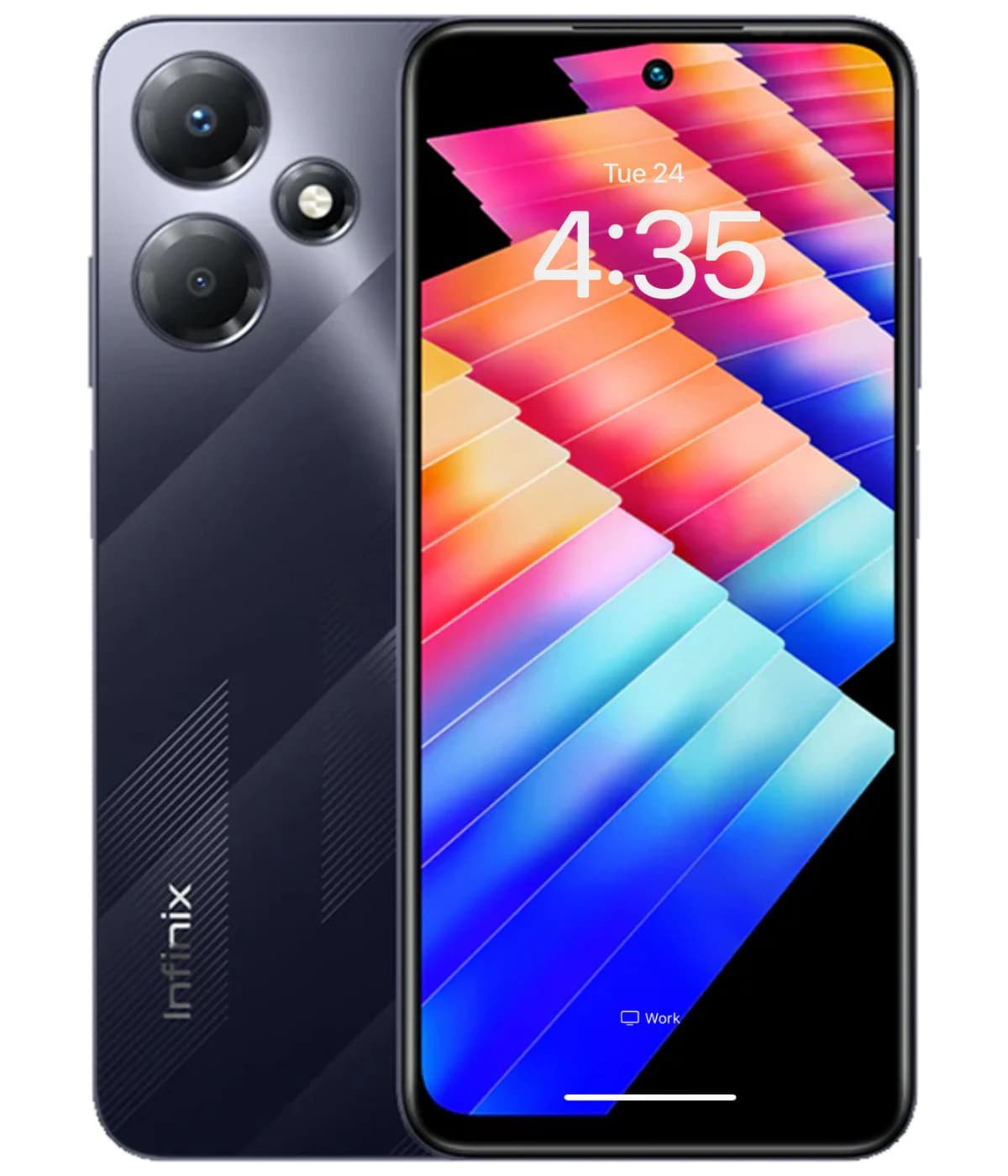 Infinix Note 30 Play smartphone in sleek black design featuring a vibrant display with colorful graphics. The device showcases dual rear cameras and a modern front view, ideal for tech enthusiasts.