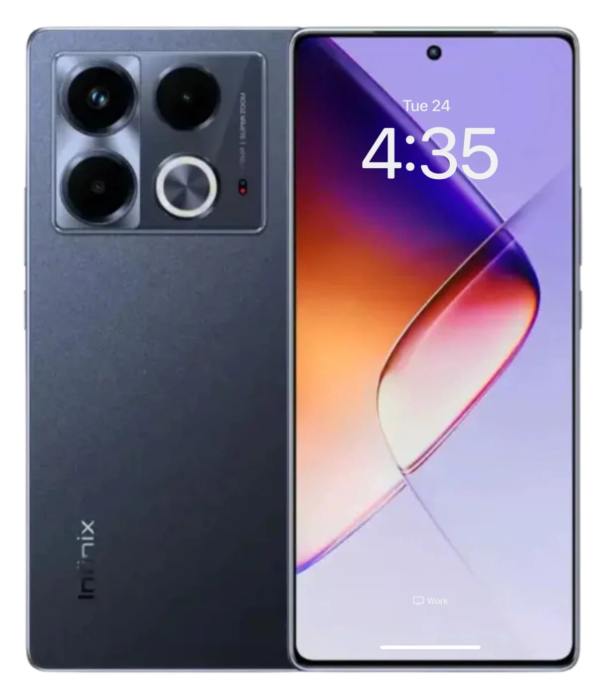 Infinix Note 40 smartphone in sleek gray finish, featuring a triple-camera setup with a circular lens and LED flash. The front displays a vibrant screen with a modern design, showcasing the time and date.