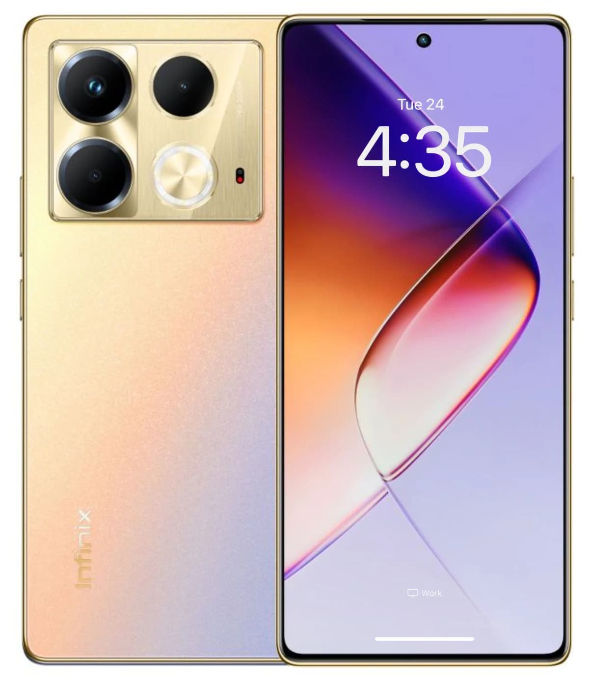 Infinix Note 40 smartphone featuring a sleek design with a gradient gold and peach finish, showcasing a vibrant display and a triple-camera setup on the back. The device is displayed front-facing with a plain background.