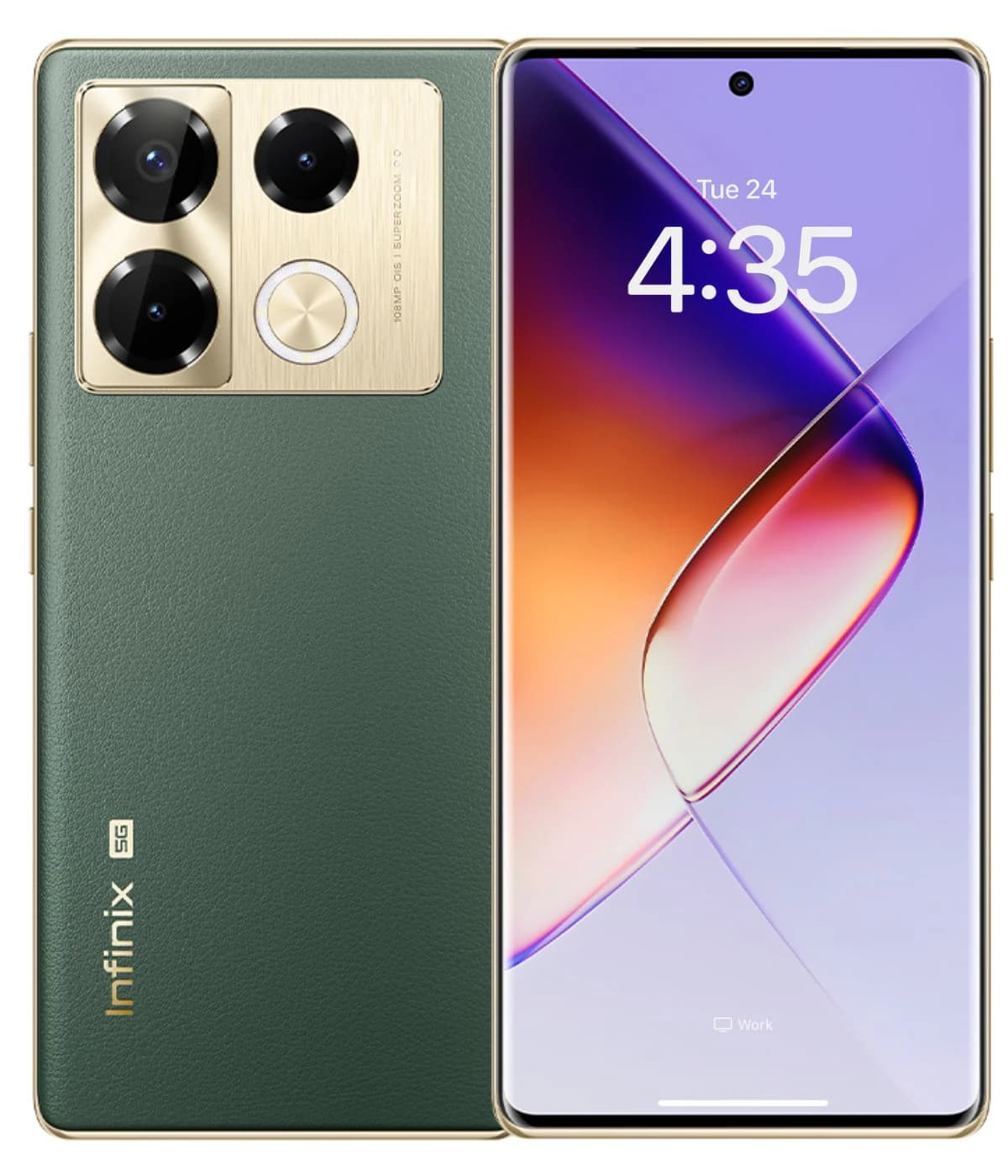 Infinix Note 40 Pro Plus smartphone featuring a stylish green leather back, gold camera module with three lenses, and a vibrant display showing the time. The device showcases a premium design with a sleek finish.