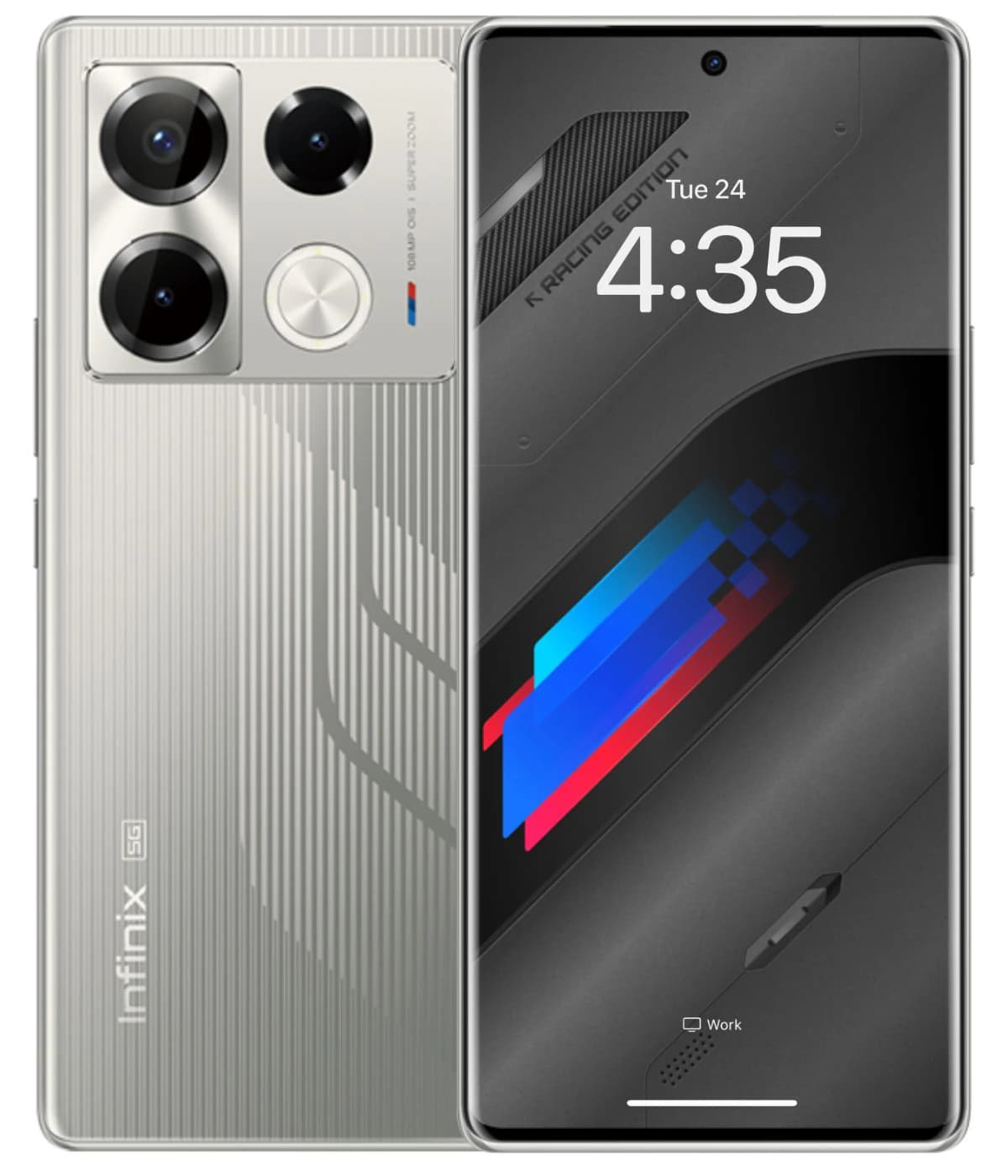 Infinix Note 40 Pro Plus smartphone in K Racing Edition with a sleek silver design, featuring dual rear cameras and a vibrant display showing the time. The device showcases a modern aesthetic with textured back and advanced features.