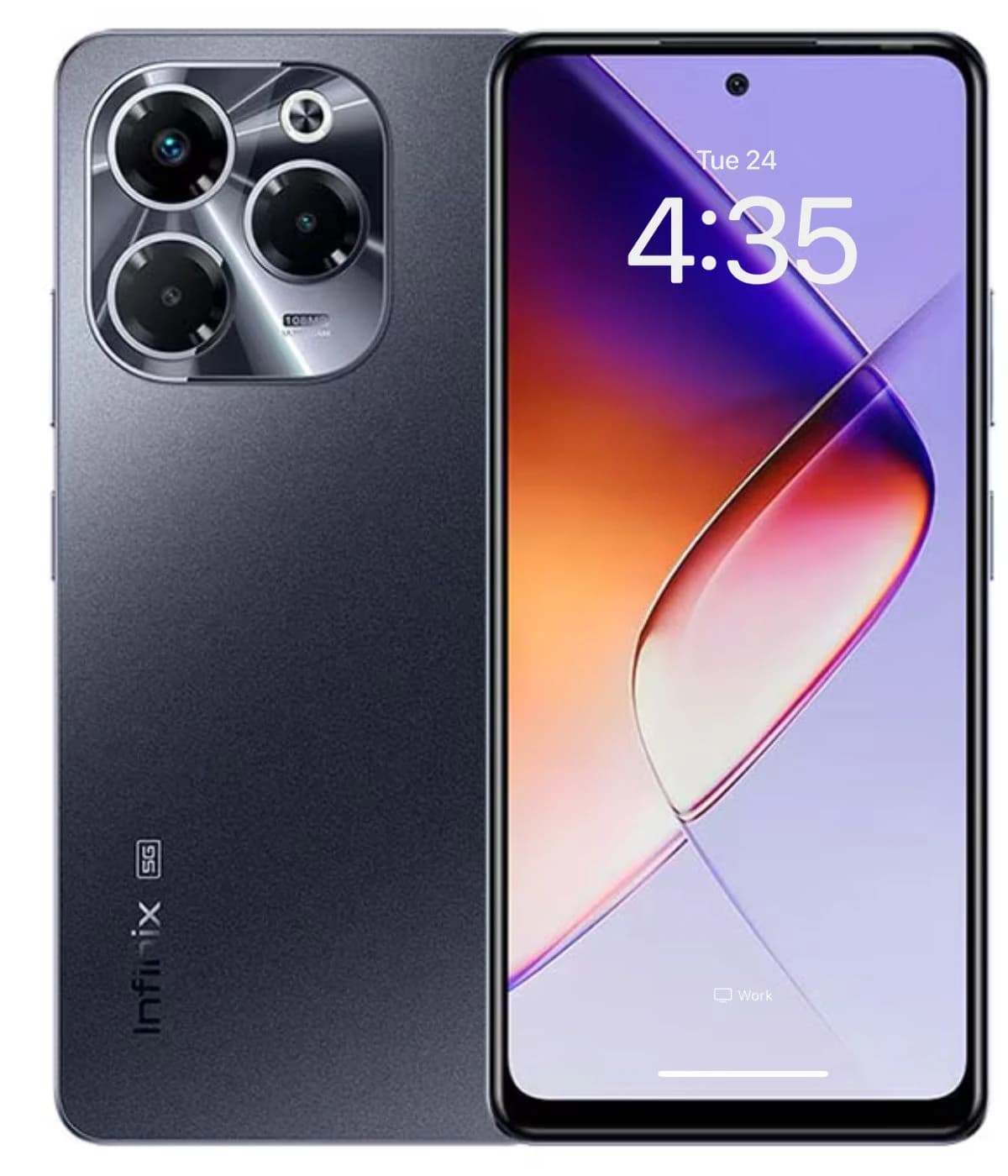 Infinix Note 40X smartphone in sleek gray finish, featuring a triple-camera setup with 108MP main lens. Display shows vibrant colors with a modern design. Front view highlights the slim profile and premium build.