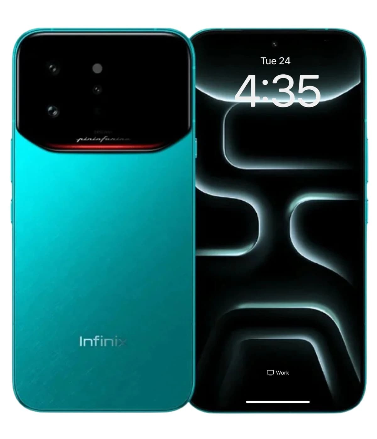 Infinix Note 60 Ultra smartphone in vibrant turquoise color, featuring a sleek design with a glossy finish. The back showcases a unique camera module with three lenses and a stylish red accent. The front displays a modern interface with a dark…