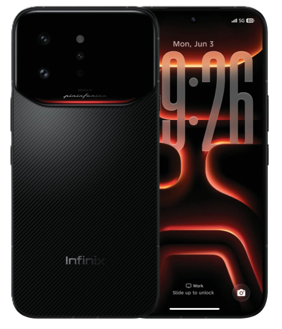 Infinix Note 60 Ultra smartphone featuring a sleek black design with a textured back, showcasing a vibrant display with a digital clock and notification icons. The device is designed by Pininfarina, emphasizing modern aesthetics.