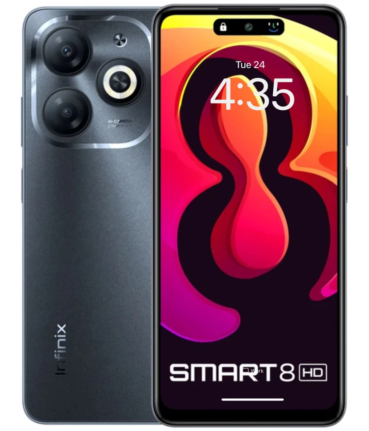 Infinix Smart 8 HD smartphone in sleek gray design, featuring dual rear cameras and vibrant display showcasing colorful abstract wallpaper. The device is front-facing with a modern aesthetic.