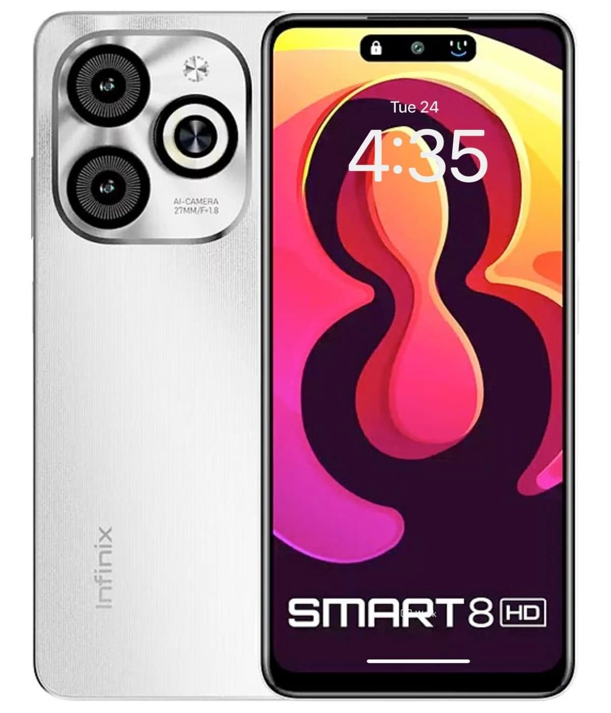 Infinix Smart 8 HD smartphone featuring a sleek silver design, dual AI cameras, and vibrant display showcasing the Smart 8 HD logo. The device is shown from the front with a colorful background.