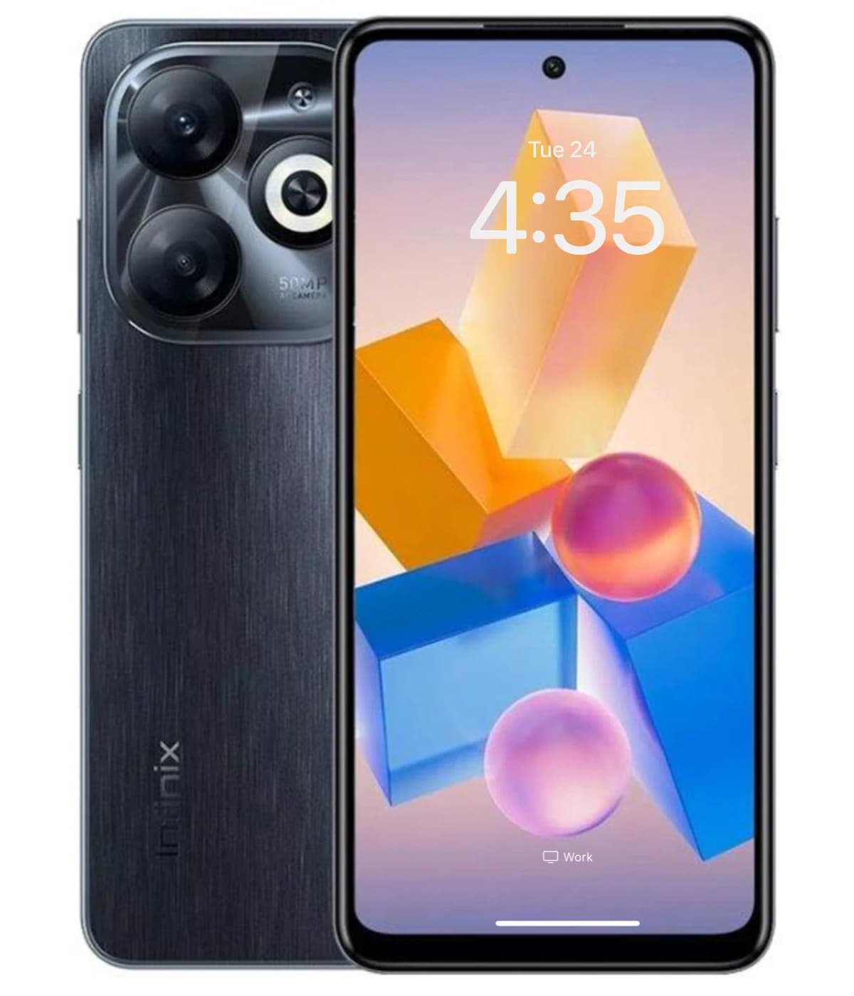 Infinix Smart 8 Pro smartphone featuring a sleek design with a brushed metal back, 50MP triple camera setup, and vibrant display showcasing colorful geometric shapes. The device is shown from the front and back, highlighting its modern aesthetics.