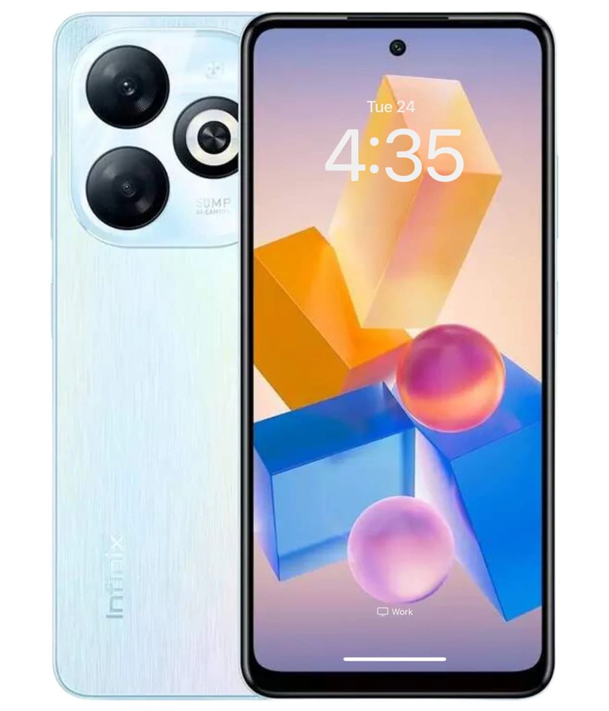 Infinix Smart 8 Pro smartphone featuring a sleek design with a light blue brushed back, dual rear cameras, and a vibrant display showcasing geometric shapes in pastel colors. The device is shown from the front with a clear view of the screen and…