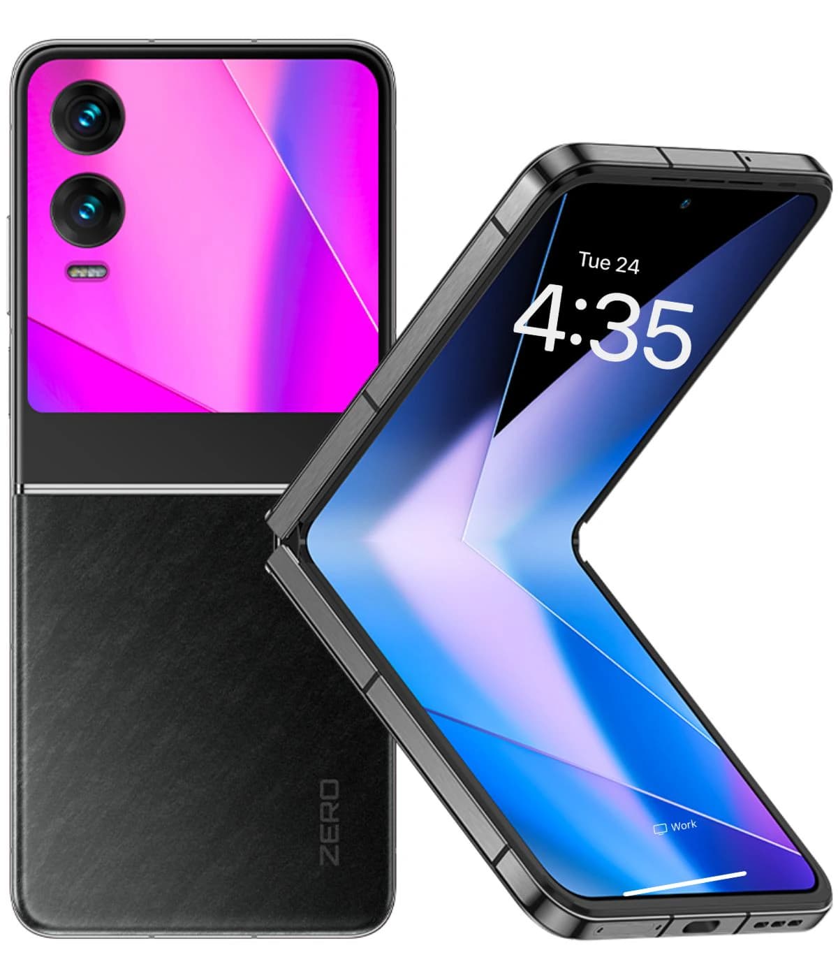 Infinix Zero Flip smartphone featuring a vibrant pink and black design, showcasing a foldable display with dual rear cameras. The device is positioned to highlight its sleek profile and modern aesthetics.
