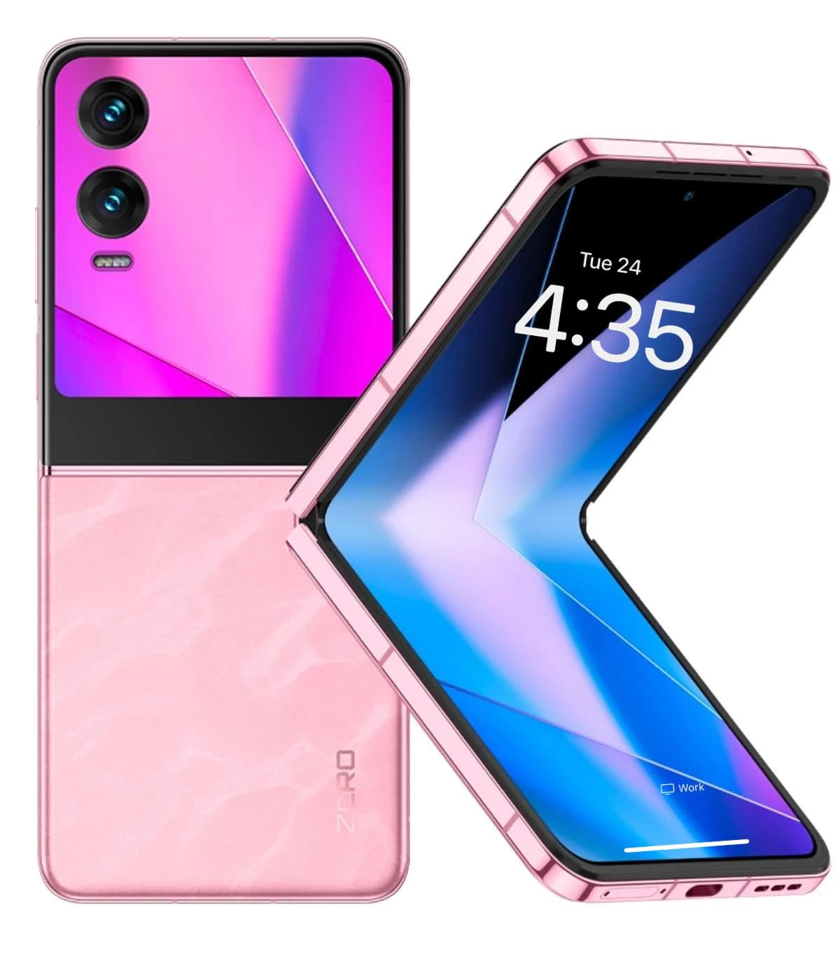 Infinix Zero Flip smartphone in a stylish pink color, featuring a dual-camera setup and a unique foldable design. The front display shows the time, while the back has a glossy finish with geometric patterns. Perfect for tech enthusiasts.
