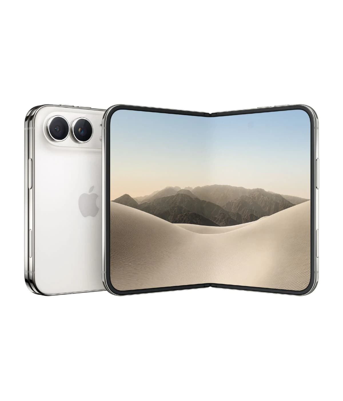 Apple iPhone 18 Duo in Silver with a stunning foldable design, showcasing a vibrant display of mountains and sand dunes. The device features dual rear cameras and a sleek, modern aesthetic.