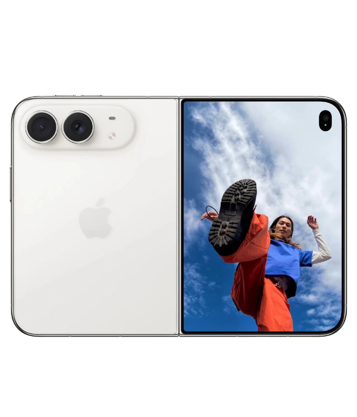 Apple iPhone 18 Duo in sleek silver finish, showcasing dual rear cameras and vibrant display with a dynamic image of a person in action. The phone features a modern foldable design, perfect for tech enthusiasts.
