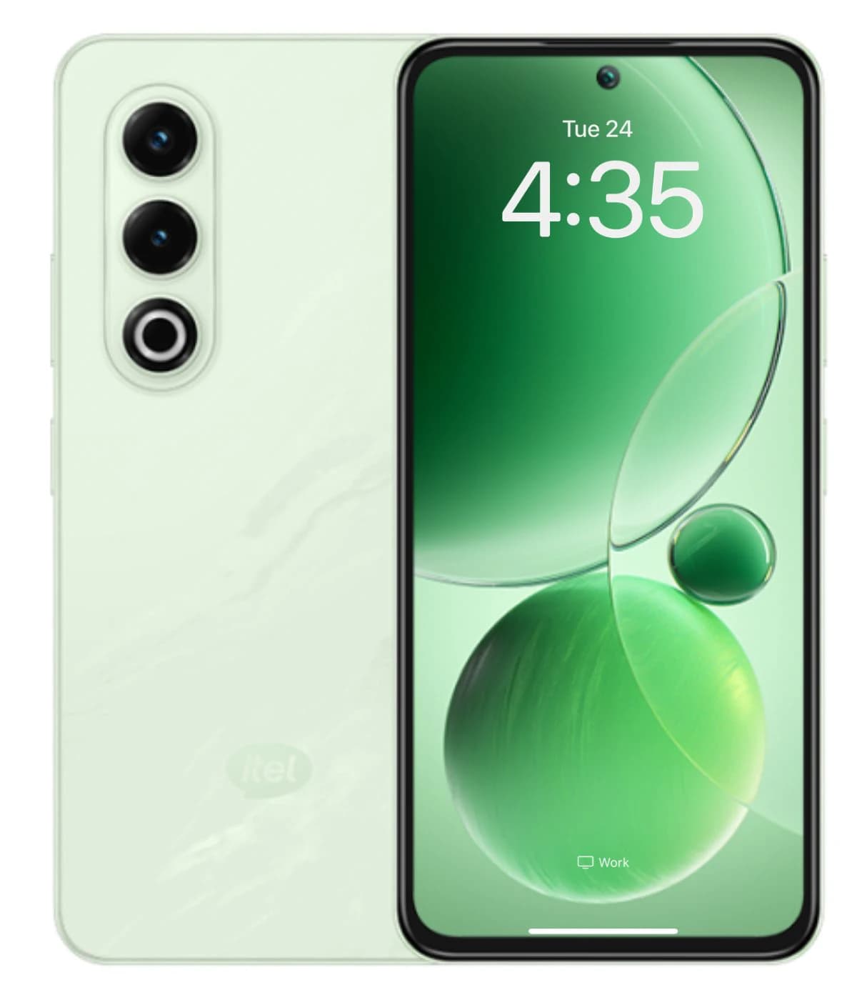 Itel S25 smartphone in a soft green color featuring a sleek design, three rear cameras, and a vibrant display showing a green-themed interface. The device has a smooth finish and is displayed against a plain background.