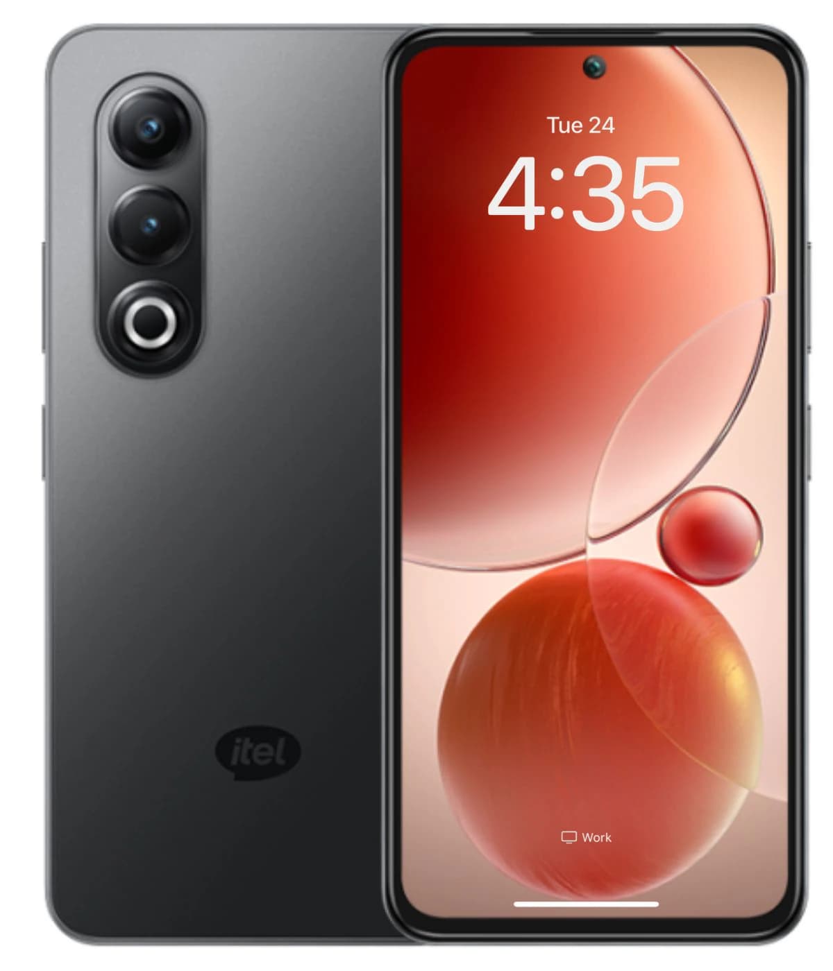 Itel S25 smartphone in sleek black design featuring a vibrant display with a red and orange abstract wallpaper. The device showcases a dual-camera setup on the back and a front-facing camera, emphasizing its modern aesthetic and functionality.