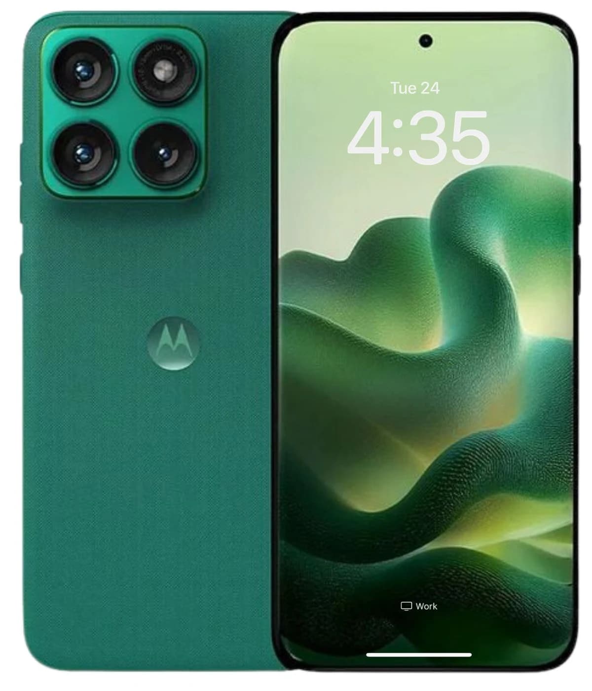Motorola Edge 70 Fusion smartphone in vibrant green color with a textured back and quad-camera setup. The display shows a soft green abstract wallpaper, featuring a sleek design and modern aesthetics.