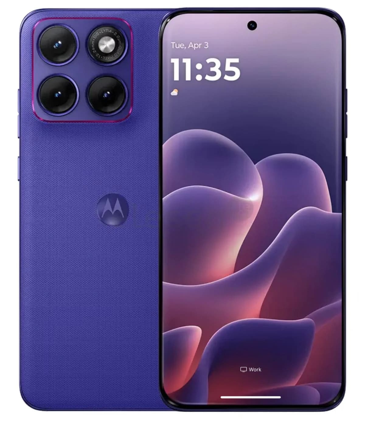 Motorola Edge 70 Fusion smartphone in vibrant purple color featuring a sleek design, triple rear camera setup, and a stunning display. The device shows the time and date on the screen, highlighting its modern features.