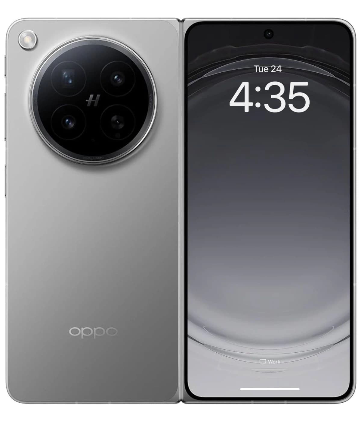 Oppo Find N6 smartphone in sleek silver finish, featuring a unique circular camera module with three lenses. Display shows time 4:35 on a gradient background. Front view highlights modern design and premium build quality.