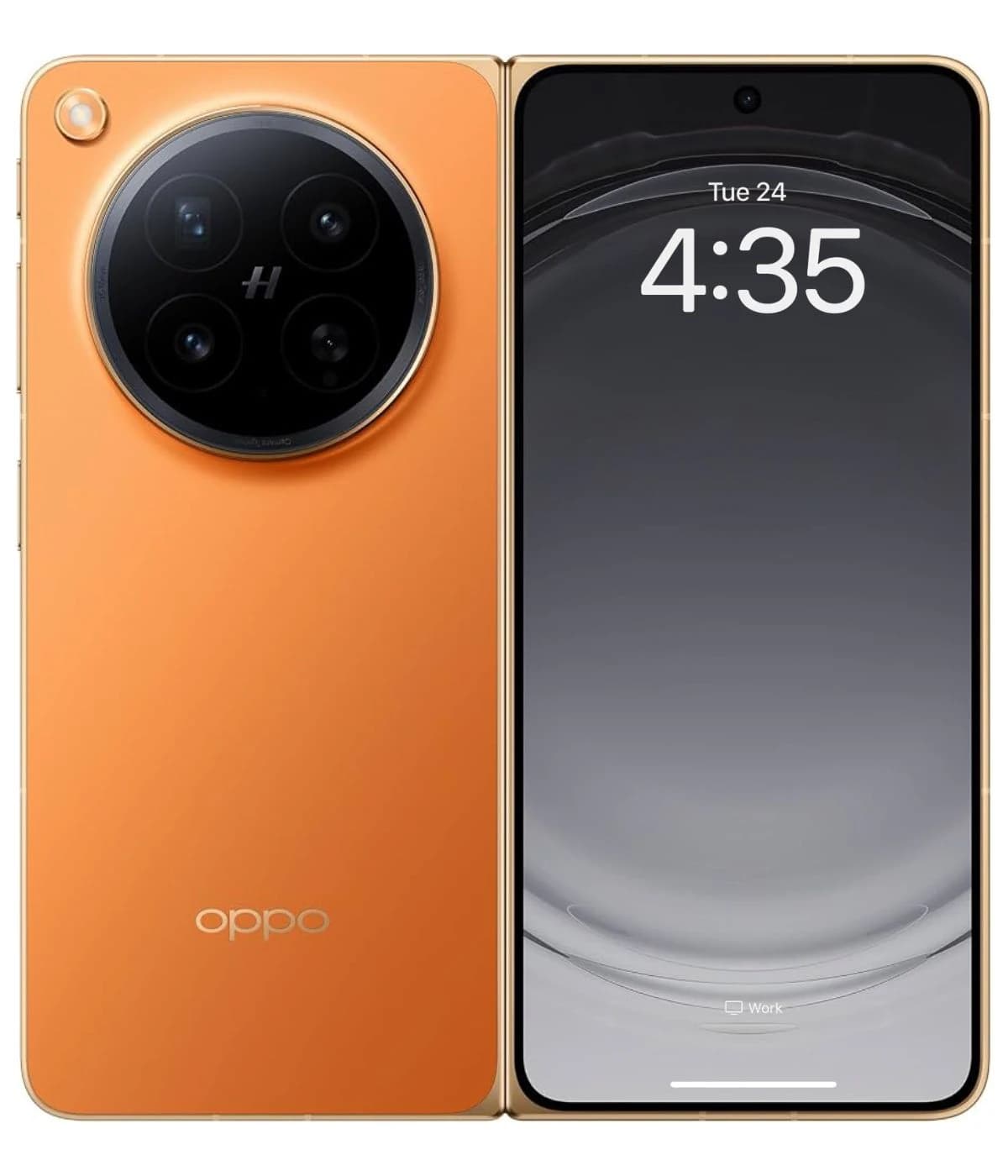 Oppo Find N6 smartphone in vibrant orange color with a sleek design. Features a unique circular camera module with three lenses and a front display showing the time. The device has a premium finish and modern aesthetics.