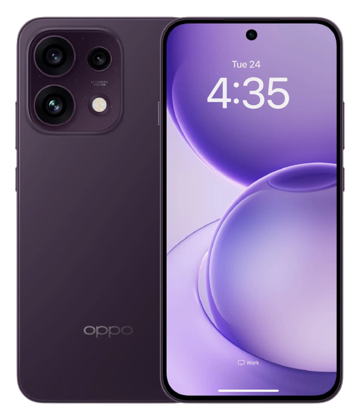 Oppo Reno 16 F smartphone in a sleek purple finish, featuring a dual-camera system on the back and a vibrant display showing the time. The design is modern and stylish, perfect for tech enthusiasts.