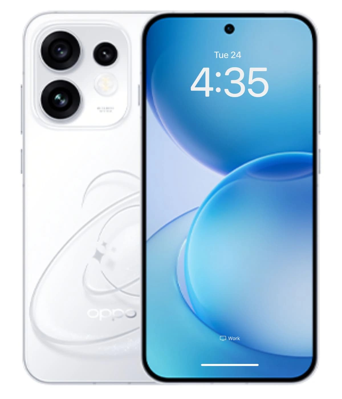 Oppo Reno 16 F smartphone featuring a sleek white design with a glossy finish, dual rear cameras, and a vibrant blue display. The device showcases a modern aesthetic with rounded edges and a minimalist logo.