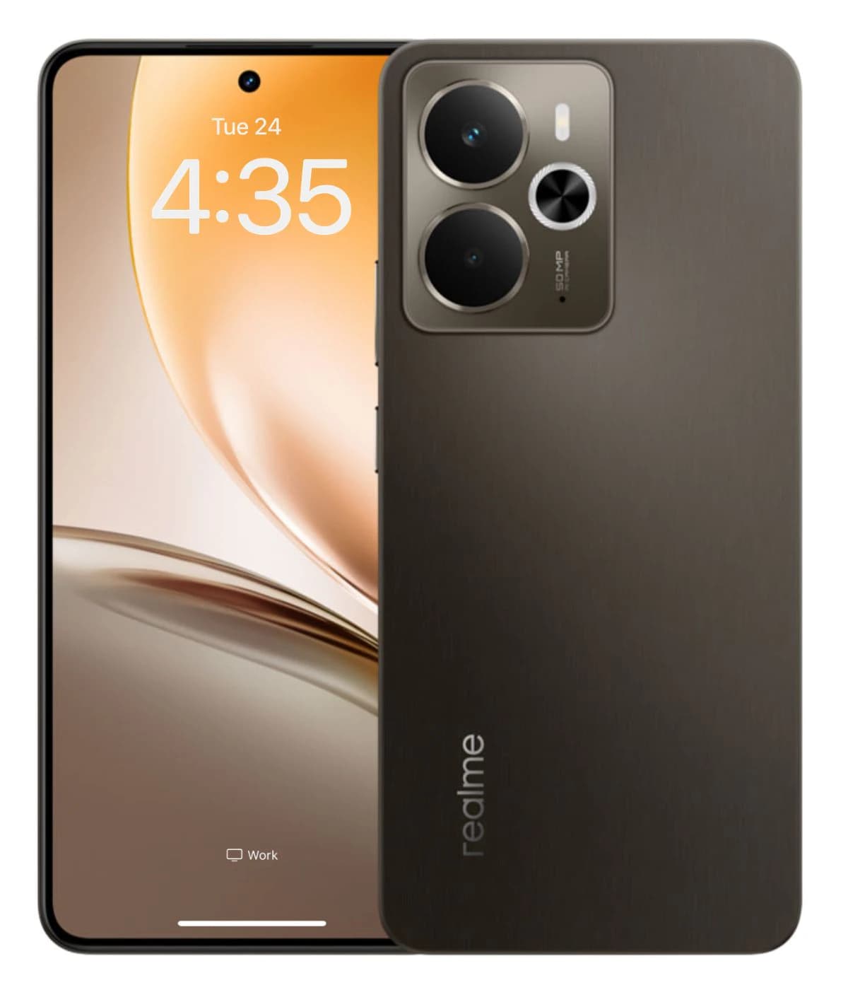 Realme 14 smartphone in sleek dark gray finish, featuring dual rear cameras and a modern design. Display shows time and date on a vibrant screen, emphasizing its premium look.