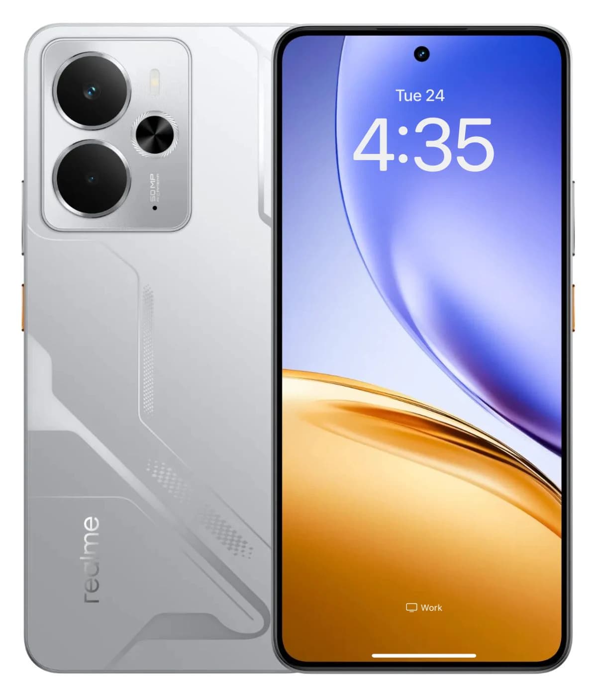 Realme 14 smartphone in sleek silver design featuring a dual-camera setup with 50MP and 2MP lenses. The front displays a vibrant screen with a blue and gold gradient. Ideal for tech enthusiasts.