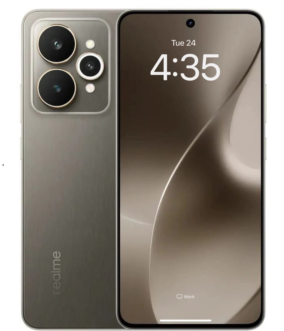 Realme 15 smartphone in a sleek gray finish, featuring a dual-camera setup with a stylish design. The front displays a modern interface with a time indicator, showcasing a premium look and feel.