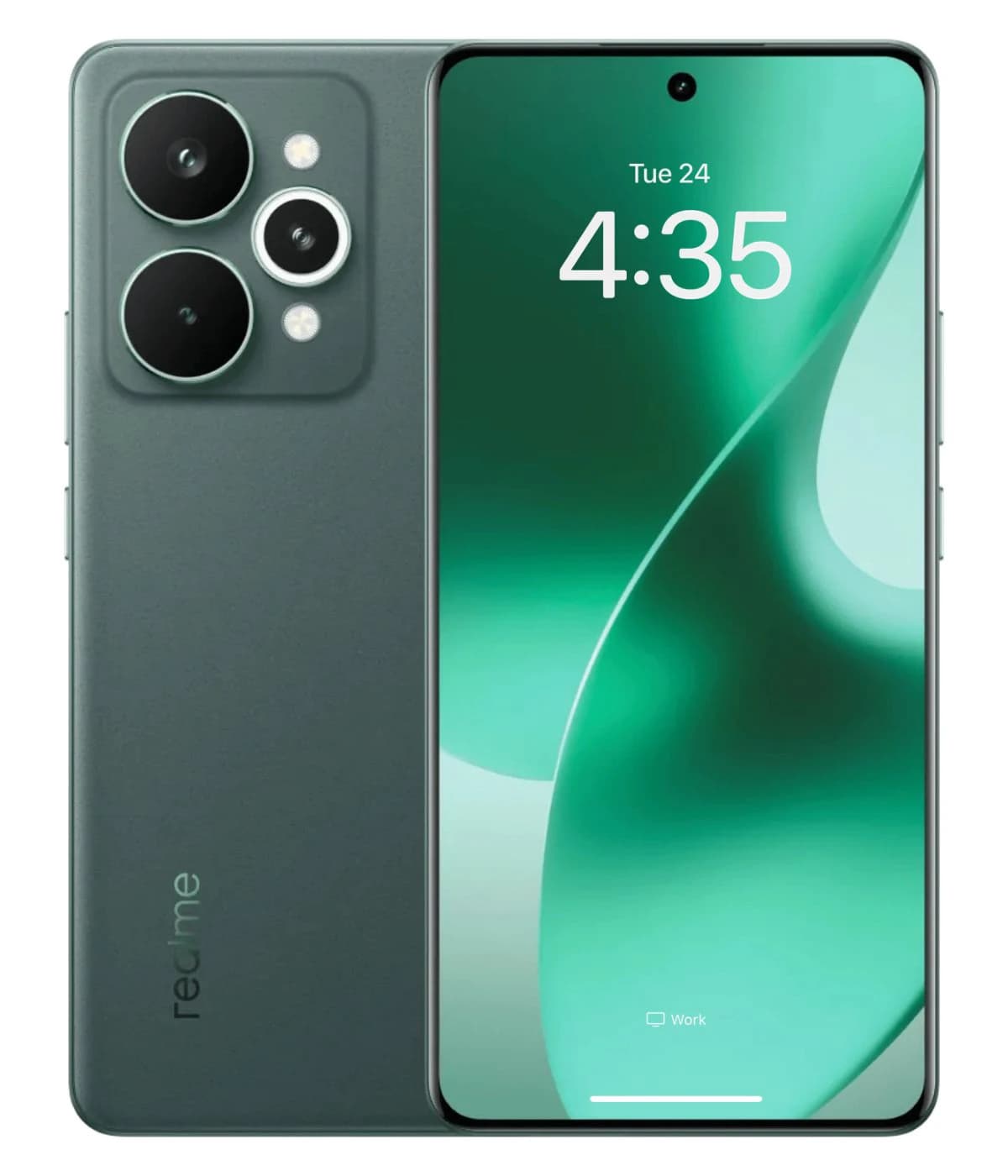 Realme 15 Pro smartphone in a sleek gray finish, featuring a dual-camera setup with circular lenses on the back. The front displays a vibrant green wallpaper with the time 4:35. The device has a modern design with slim bezels and a punch-hole camera.