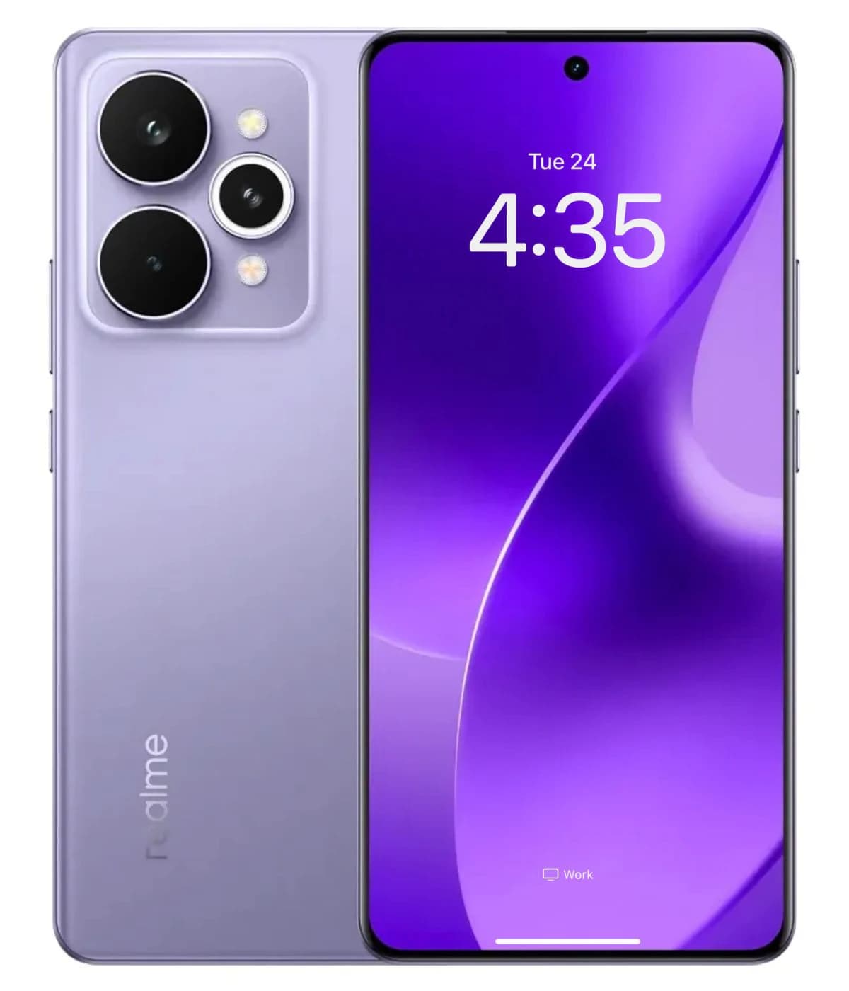 Realme 15 Pro smartphone in a sleek lavender color featuring a vibrant purple display. The device showcases a dual-camera setup with LED flash on the back, emphasizing its modern design and advanced technology.